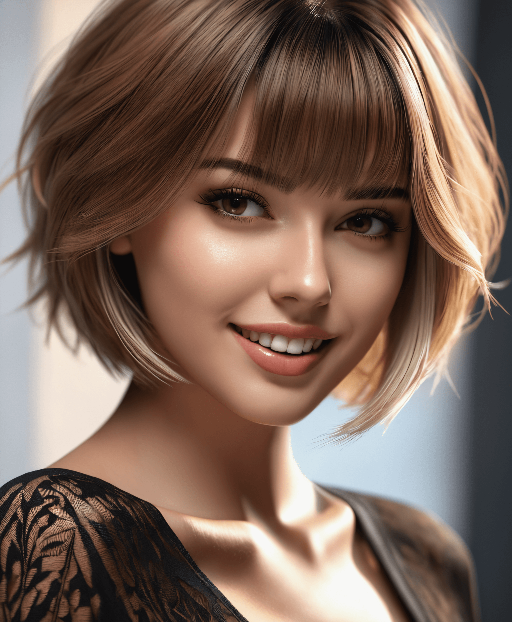 AI generated: beautiful, 1/2 body, open mouth:0.4, teeth, (ultra sharp:1.2), 8k, unreal engine, modelling, best qu...