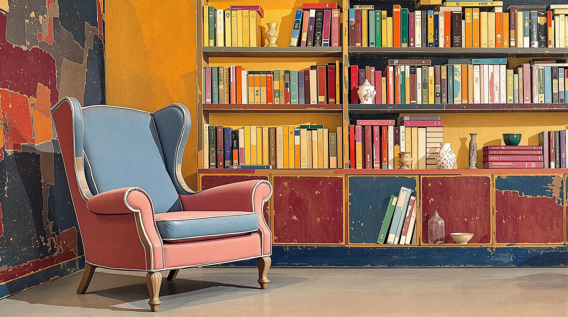 AI generated: Realistic photo of armchair and bookshelf, Top notch, Triadic colors, Bold strokes, Porcelain, --ar ...