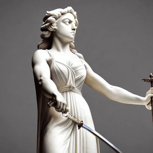 AI generated: a ultra-high resolution of lady justice holding a sword with her right hand. With a look of trying t...