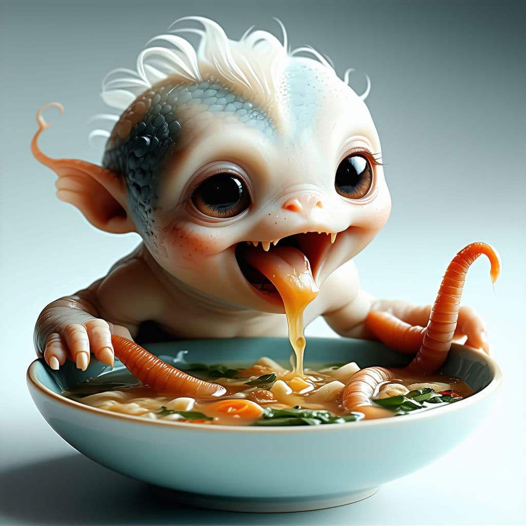 AI generated: babytron eating worm soup, medium quality