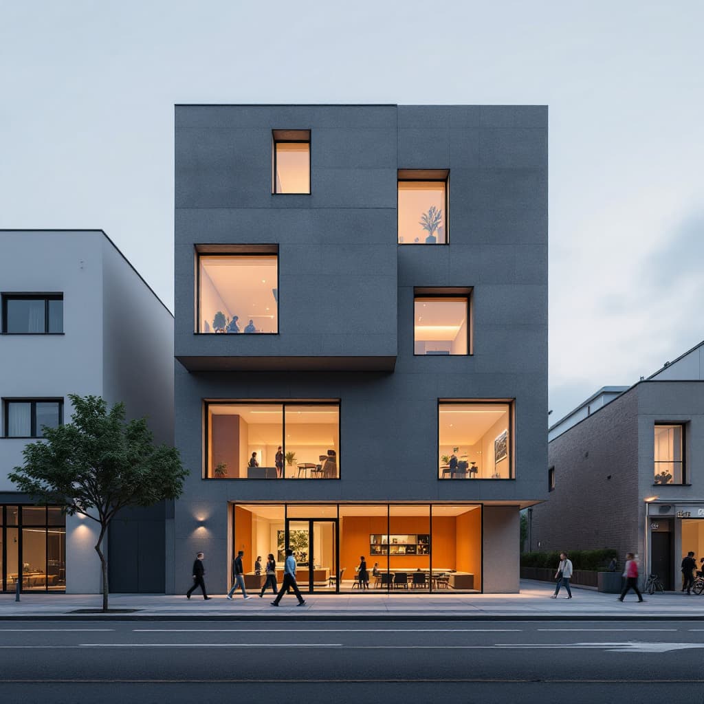 AI generated: photography, eye-level, front view, a minimalistic comercial urban building facade during midday wit...