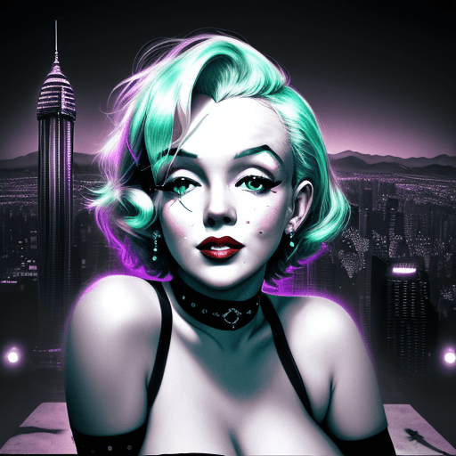 AI generated: Pintura de marilyn monroe ciberpunk, fondo ciudad ciberpunk, textura detallada,  colorida, ojos perf...