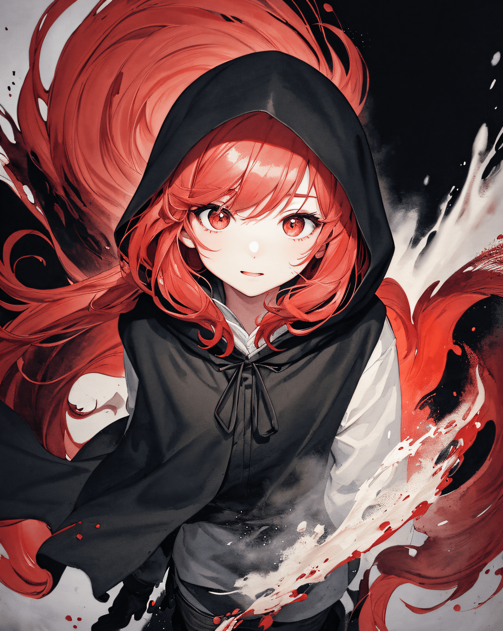AI generated: 1girl,(red hair)),red eyes,obungaskr你就是个机八,long hair,(loose long hair),((black cloak)),(cape hood),s...