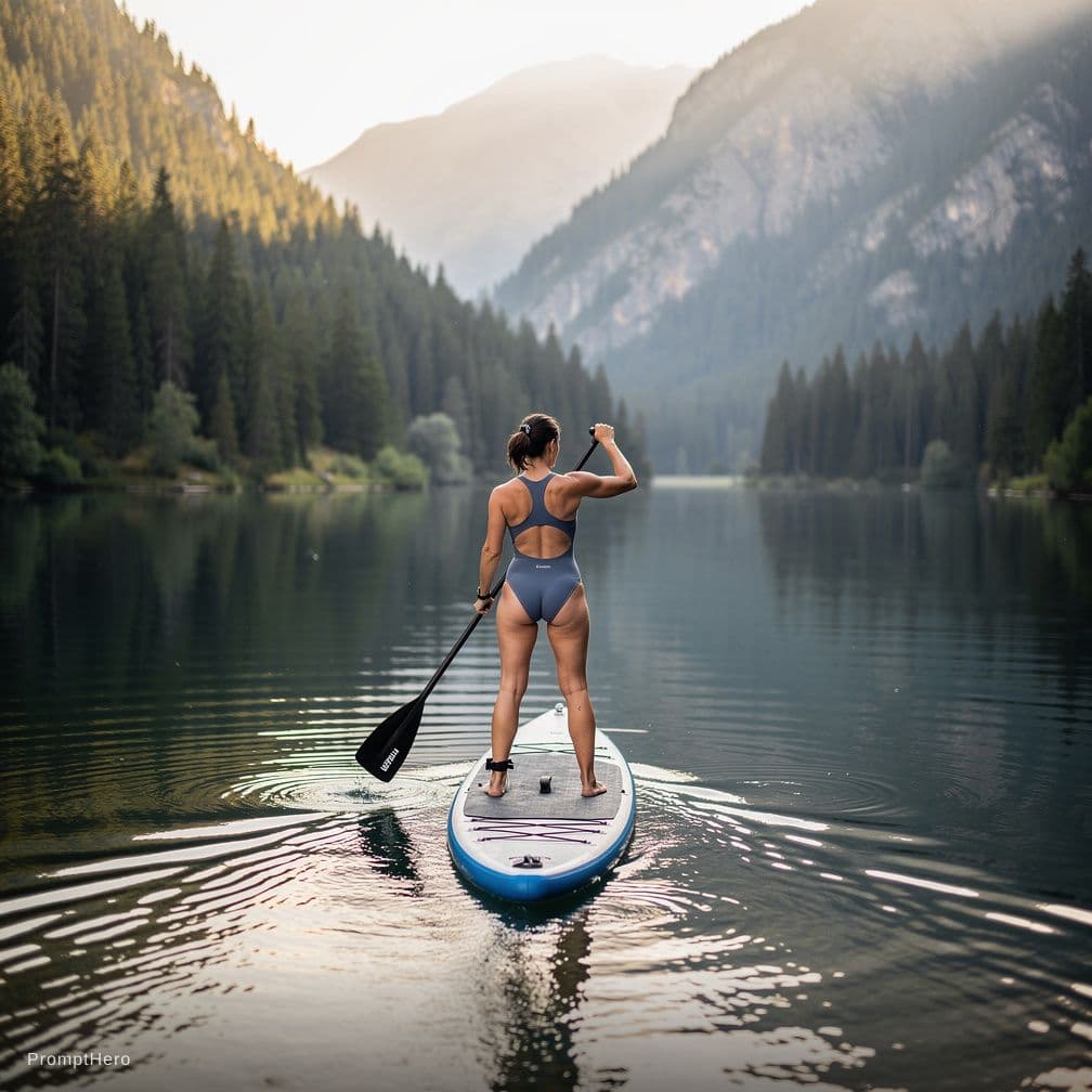 AI generated: a photograph of a young woman, 30 years old, standing on a paddle boarding on a lake in the middle o...