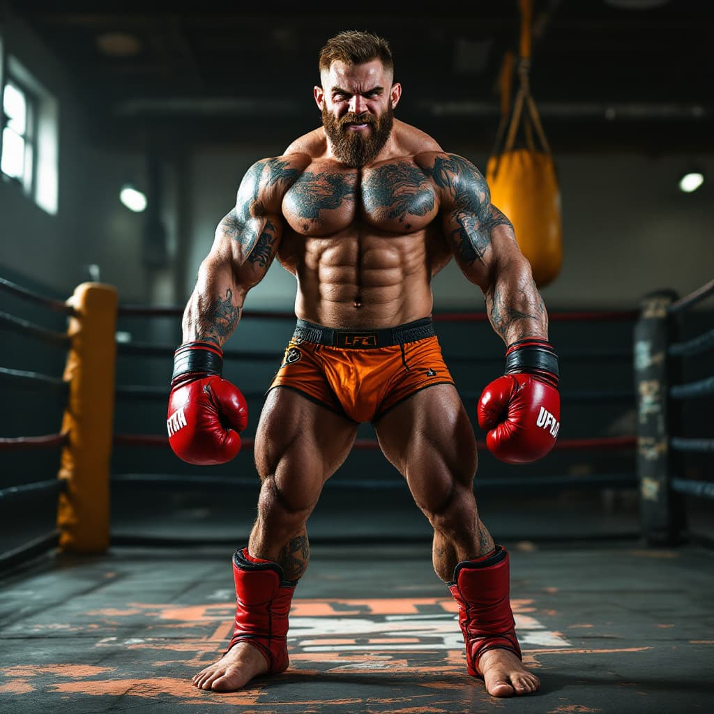 AI generated: Full body head to toe image irish stud MMA fighter, muscular legs, big feet, short brown hair hard p...