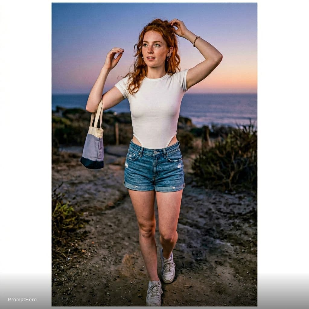 AI generated: Ultra-realistic twilight Head to toe shot of a red-haired woman with bright green eyes, freckles viv...