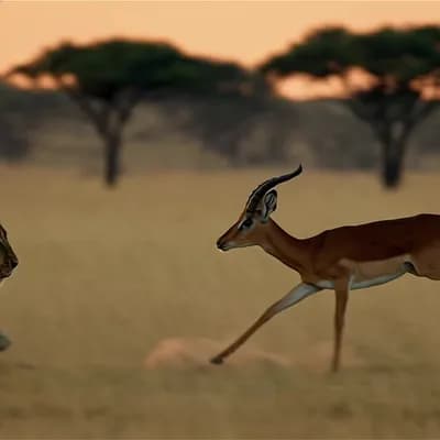 AI generated video: a lion chasing an antelope in the savannah