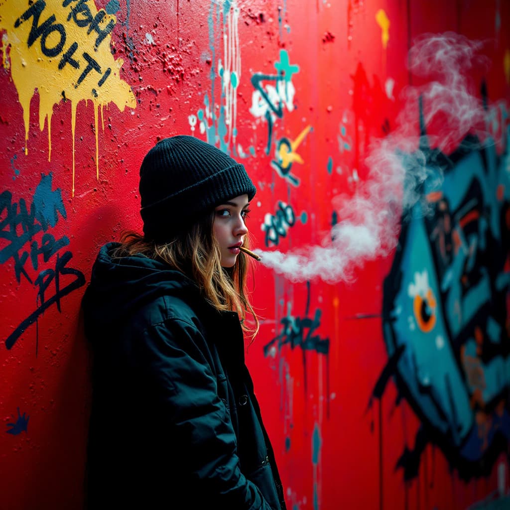AI generated: close up, full color painting wall, standing cyberpunk 15 yo girl, (looking at viewer:1.5) , Porkpie...