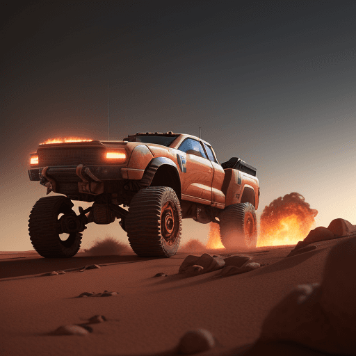 AI generated: Photo of a ultra realistic super truck prototipo of fire man of futur in combat on mars, dramatic li...
