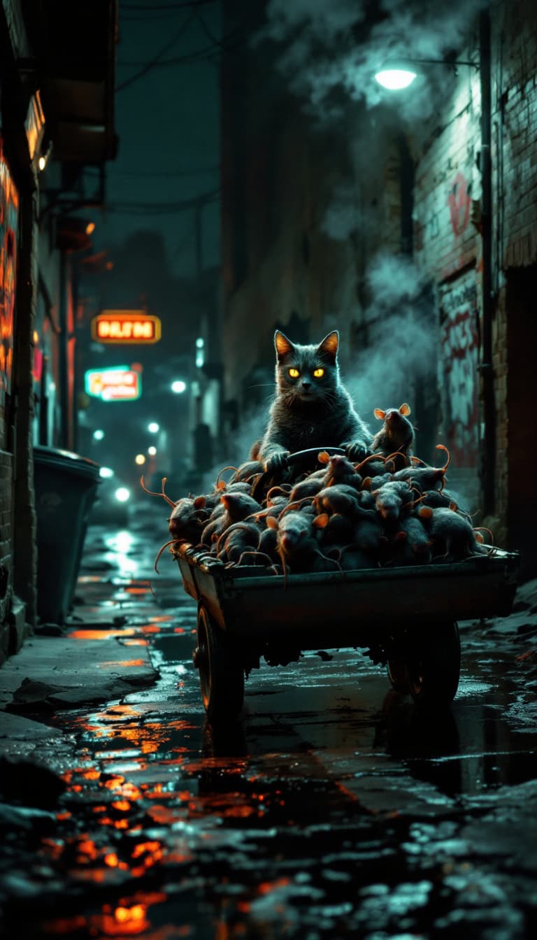 AI generated: In a dimly lit alley with wet pavement reflecting the glow of a distant neon sign, a sleek grey cat ...