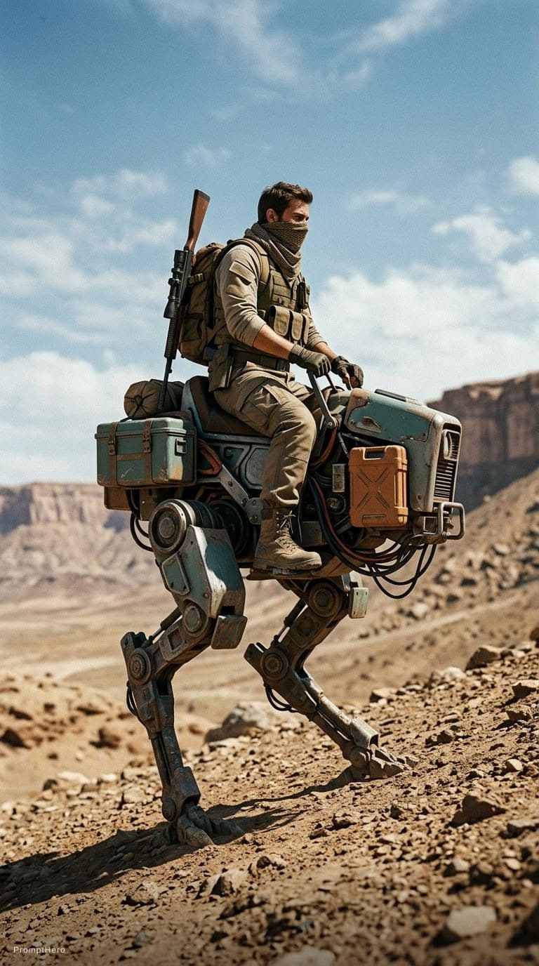 AI generated: A lone desert scout riding a robotic reptile-like pack mount up a rocky slope under a wide open sky,...