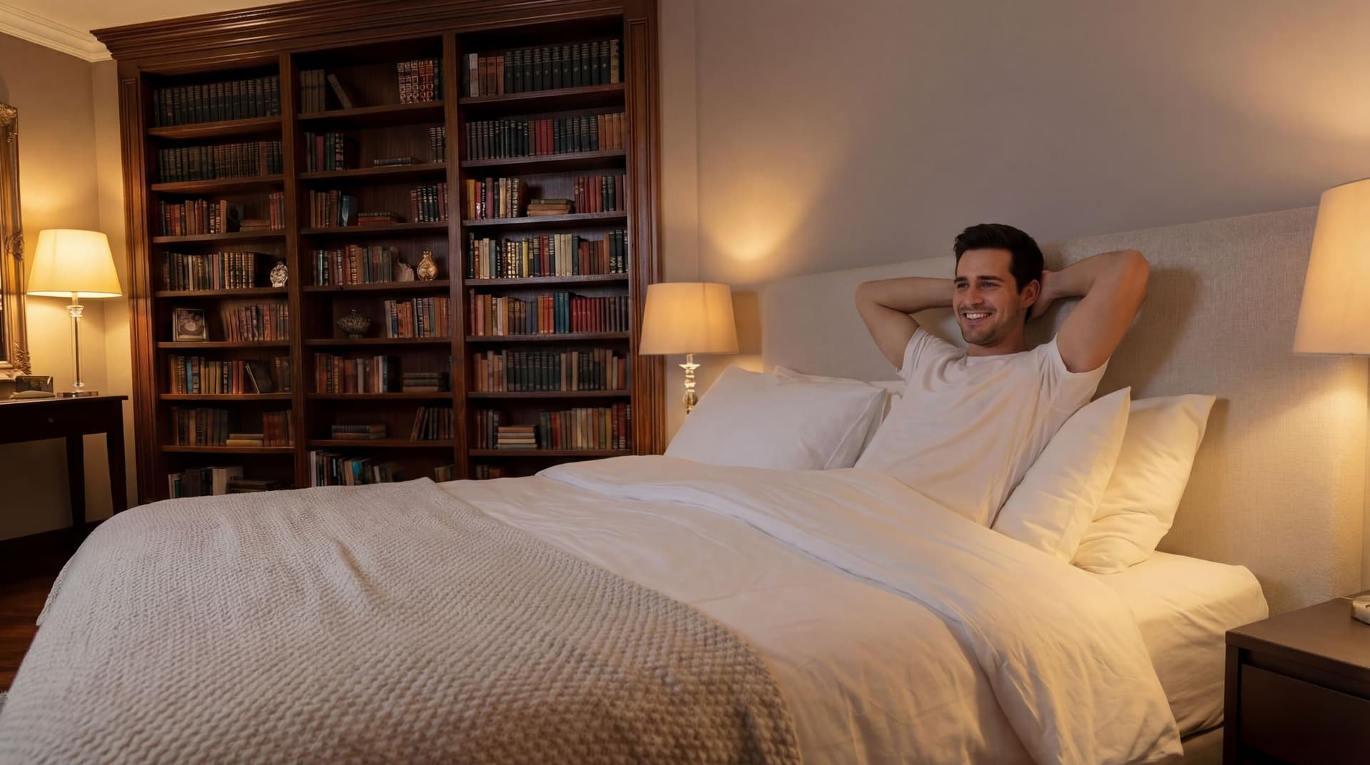 AI generated: The model is in bed under the covers. 
He is in a sat up position.  He is wearing a white t-shirt sh...