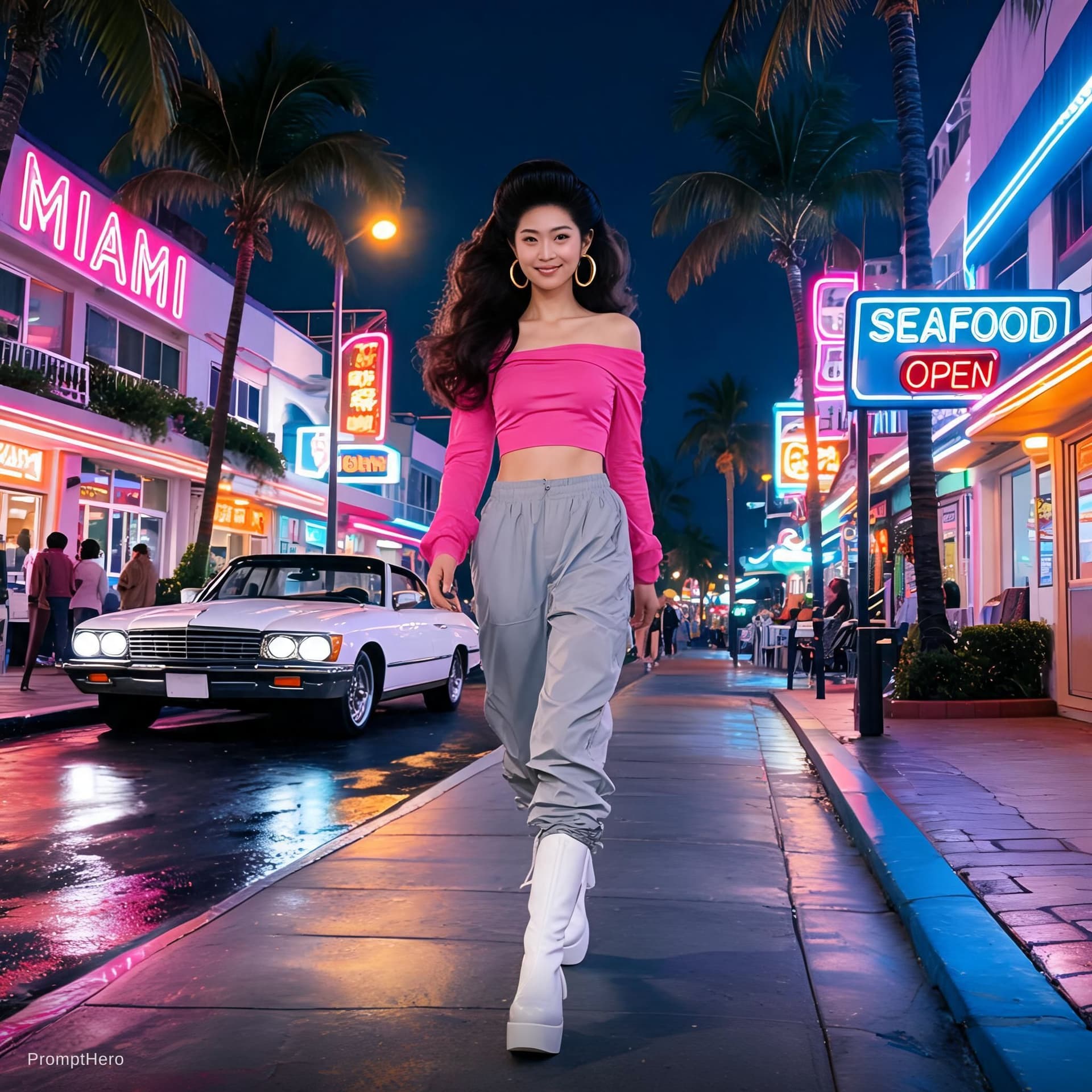 AI generated: Create a video of an Asian woman in 80s-inspired clothing walking through the streets of Miami at ni...
