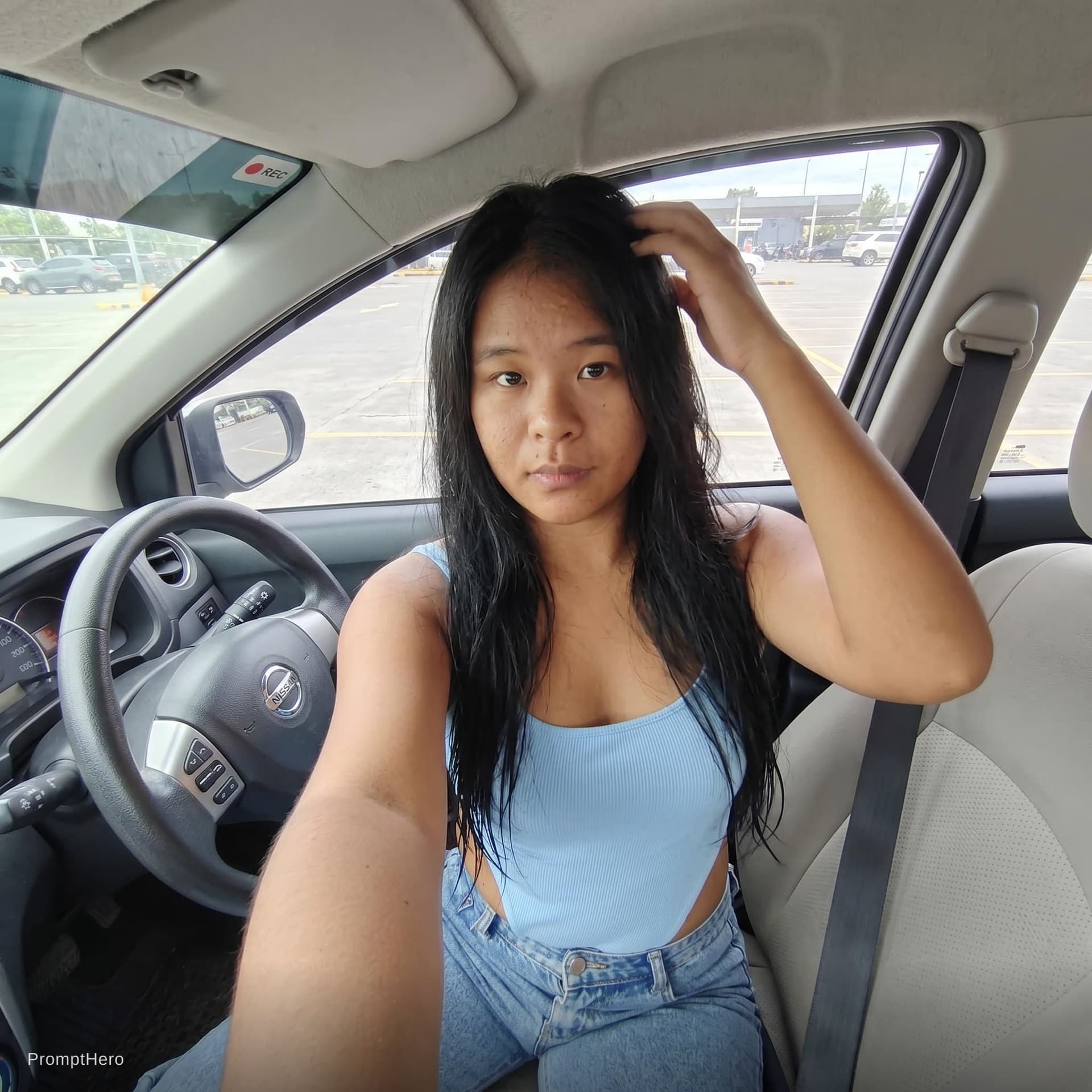 AI generated: this woman, but inside the car in the driver's seat, recording herself in selfie mode