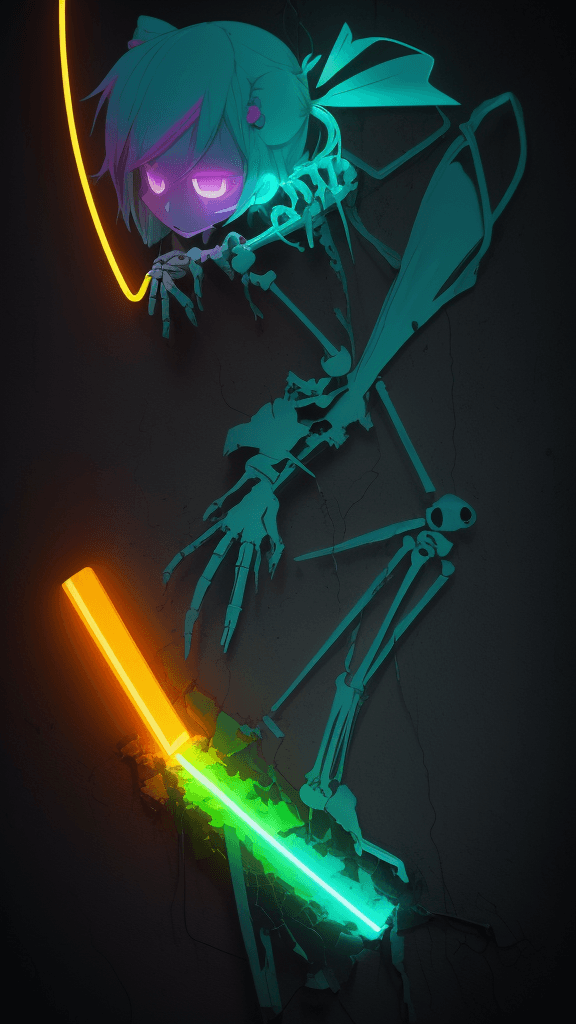AI generated: a neon smashed up wall with a light coming out in the middle, in the style of anime art, skeletal, l...