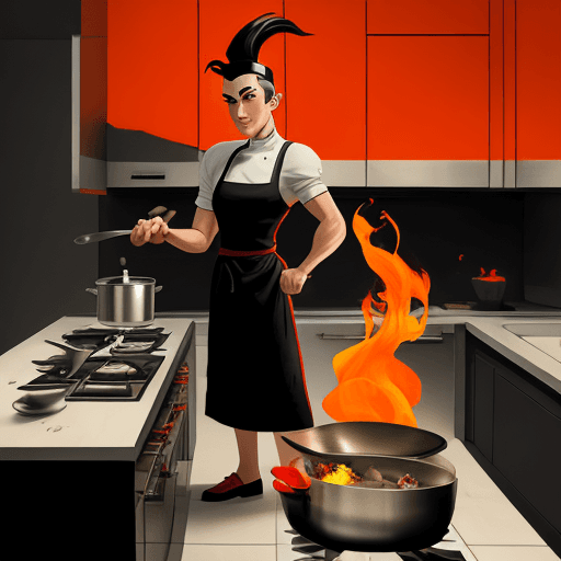 AI generated: fire the kitchen dark, chef, cartoon, stylish  representation, graceful balance, wimmelbilder, --ar ...