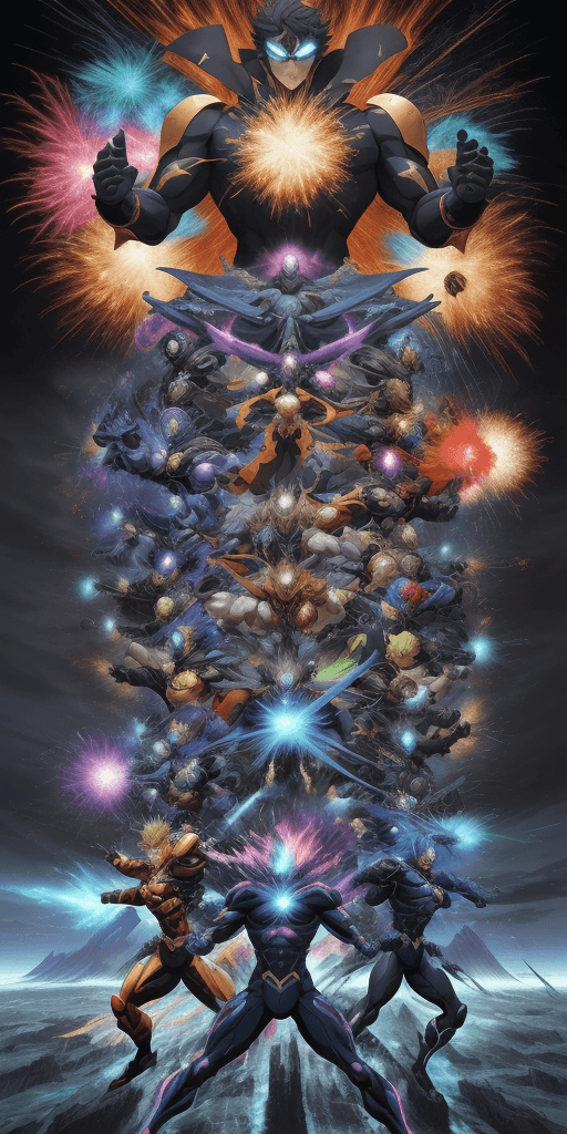 AI generated: (best quality,16k,4d,rfktrstyle:1.2),anime art at its best,explosive action,super beings,never seen ...