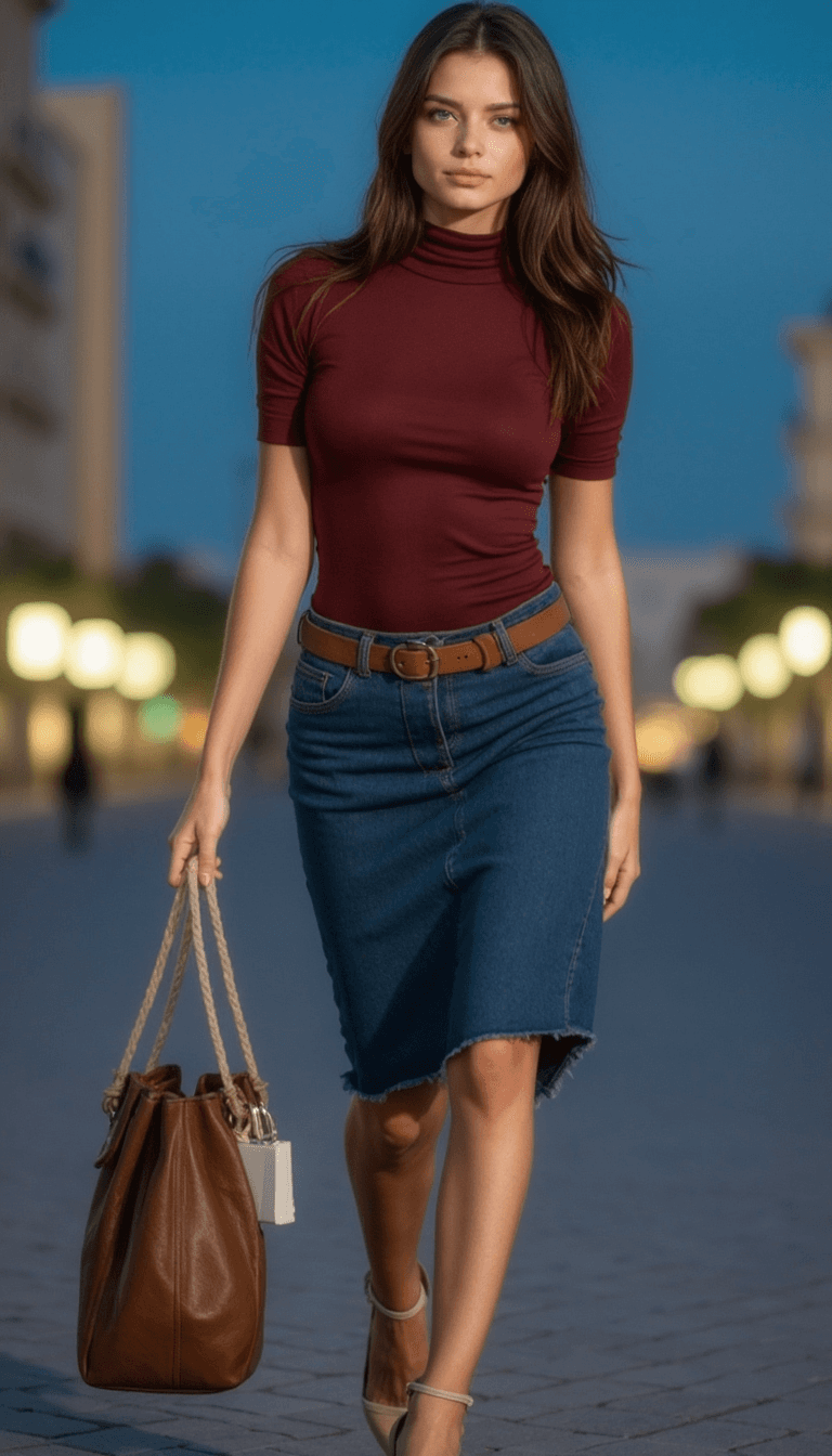 AI generated: A woman walking confidently down a dusk-lit street, wearing a maroon turtleneck and knee-length deni...