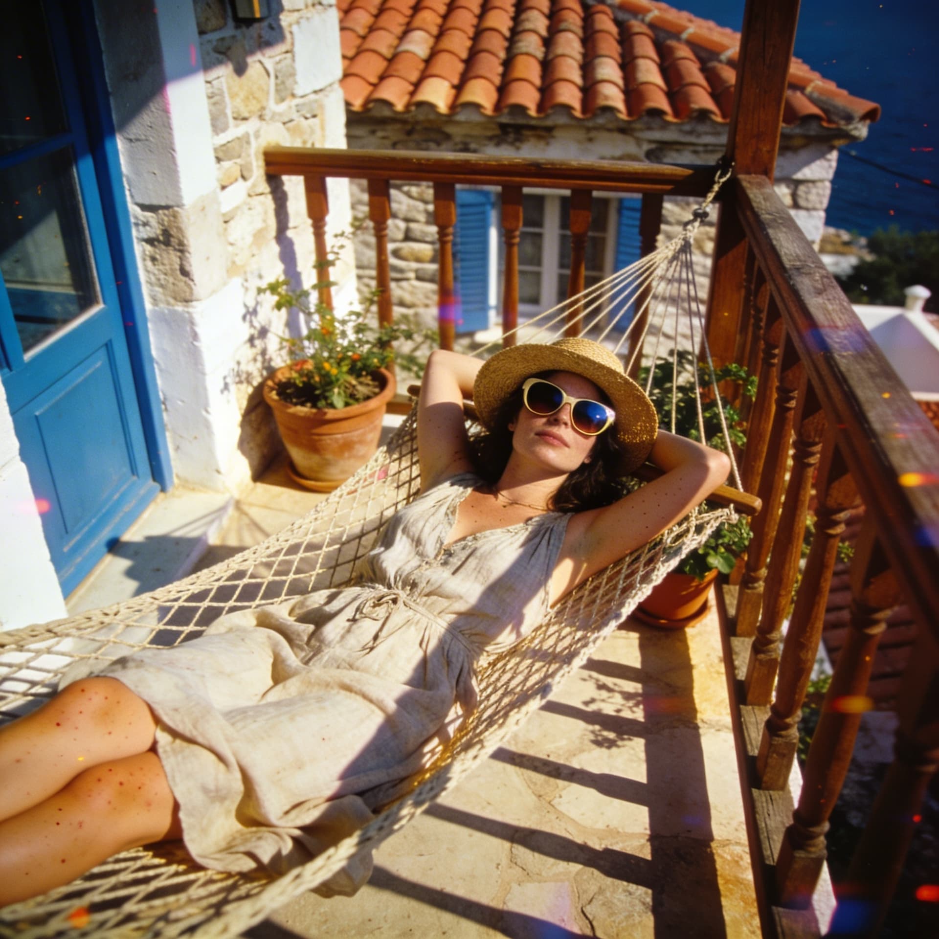 AI generated: 
Style: bohemian, relaxed candid lifestyle private vacation, old house, balcony, sunbath, Mediterran...