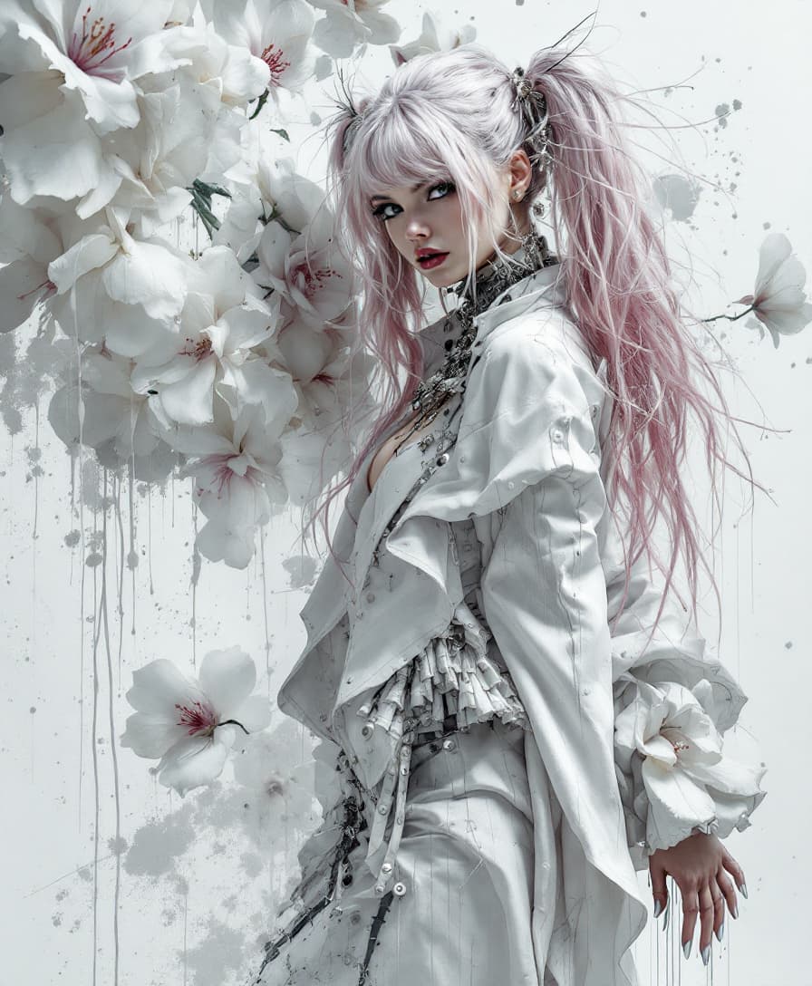 AI generated: "Luis Royo White Maximalistic white cyberpunk ultra white splash graffitti messy sassy, bubbly yet d...