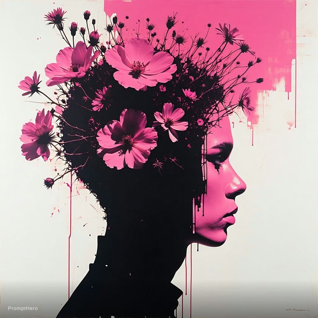 AI generated: Single queer figure, head completely replaced by aggressive exploding flowers. Doubled silhouette be...
