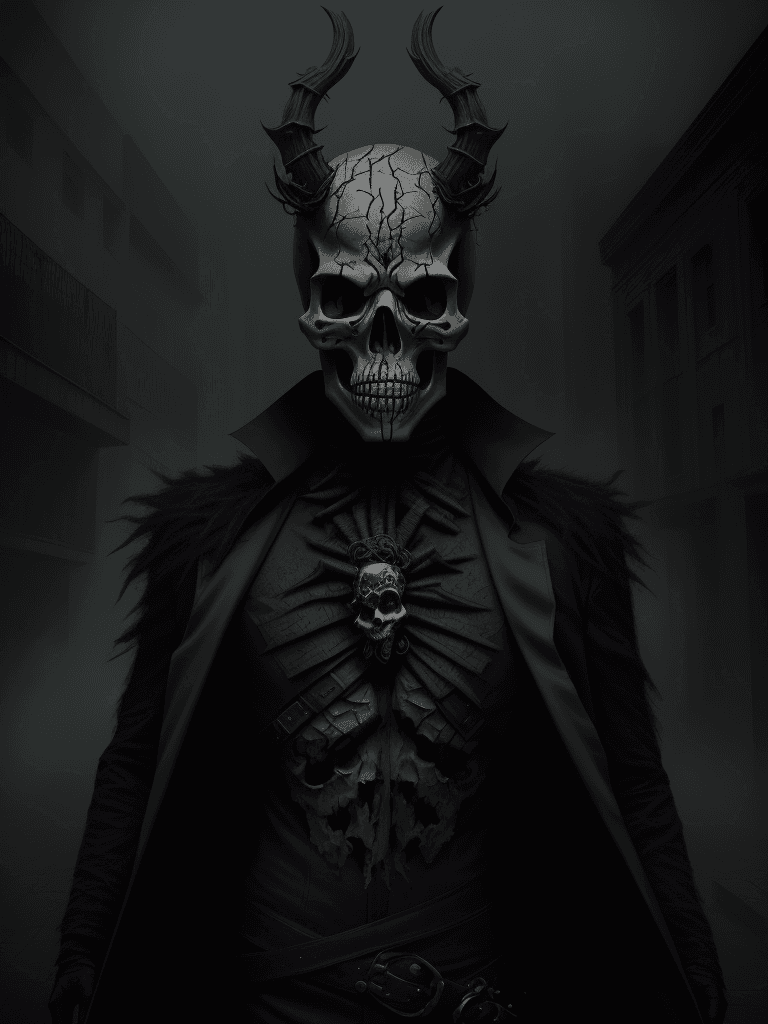 AI generated: breathtaking Artistic male in skull mask , solo., under creepy evil fog. In a City burial background...