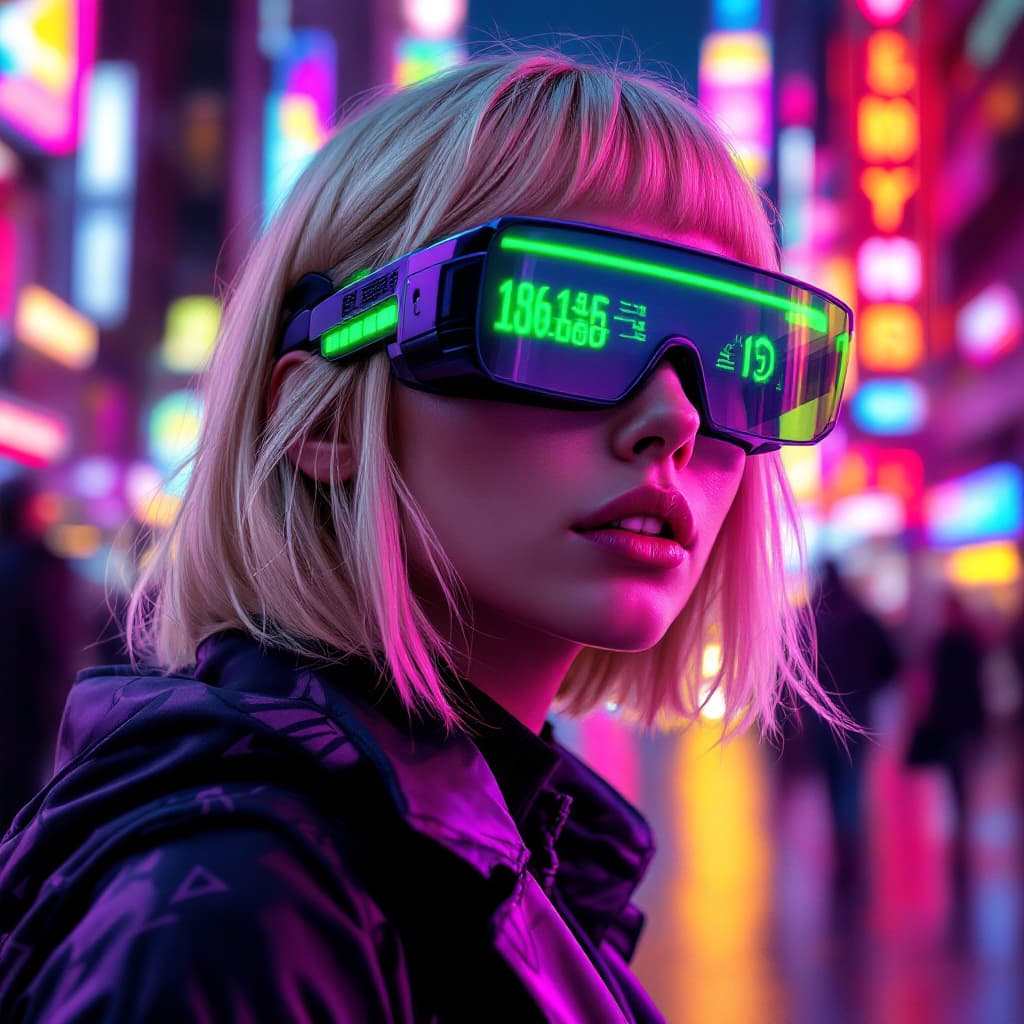 AI generated: A futuristic digital illustration features a woman wearing augmented reality glasses in a vibrantly ...
