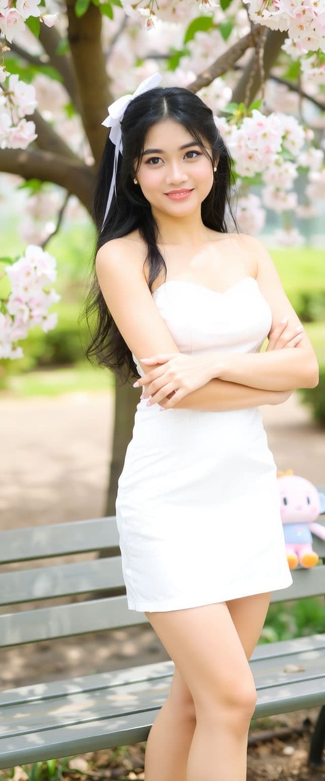 AI generated: a woman, indonesian woman, outdoors, garden, cherry blossoms, standing near the tree, cross arms, bl...