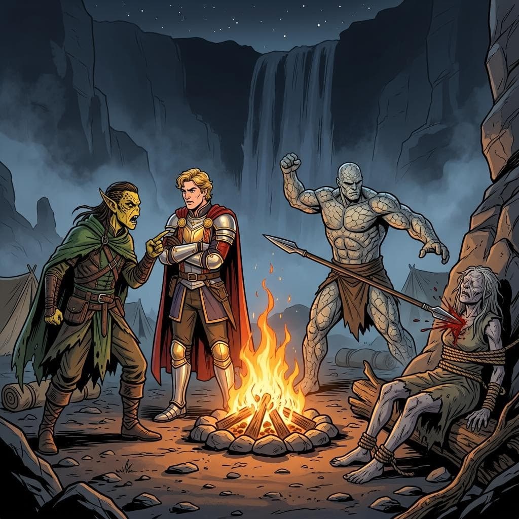 AI generated: a male githzerai argues with a human male knight as a stone golem man throws a spear into the chest ...