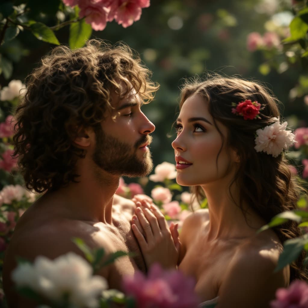 AI generated: "Adam awakens and finds Eve. The camera focuses on their expressions: surprise and admiration in Ada...