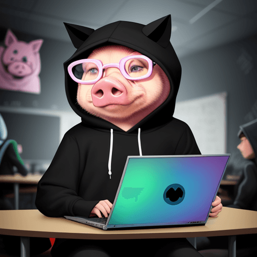 AI generated: 2D ANIMATION FEEL IN A COMIC STYLE: A CYBER PIG wearing A BLACK HOODIE programing on the computer wi...