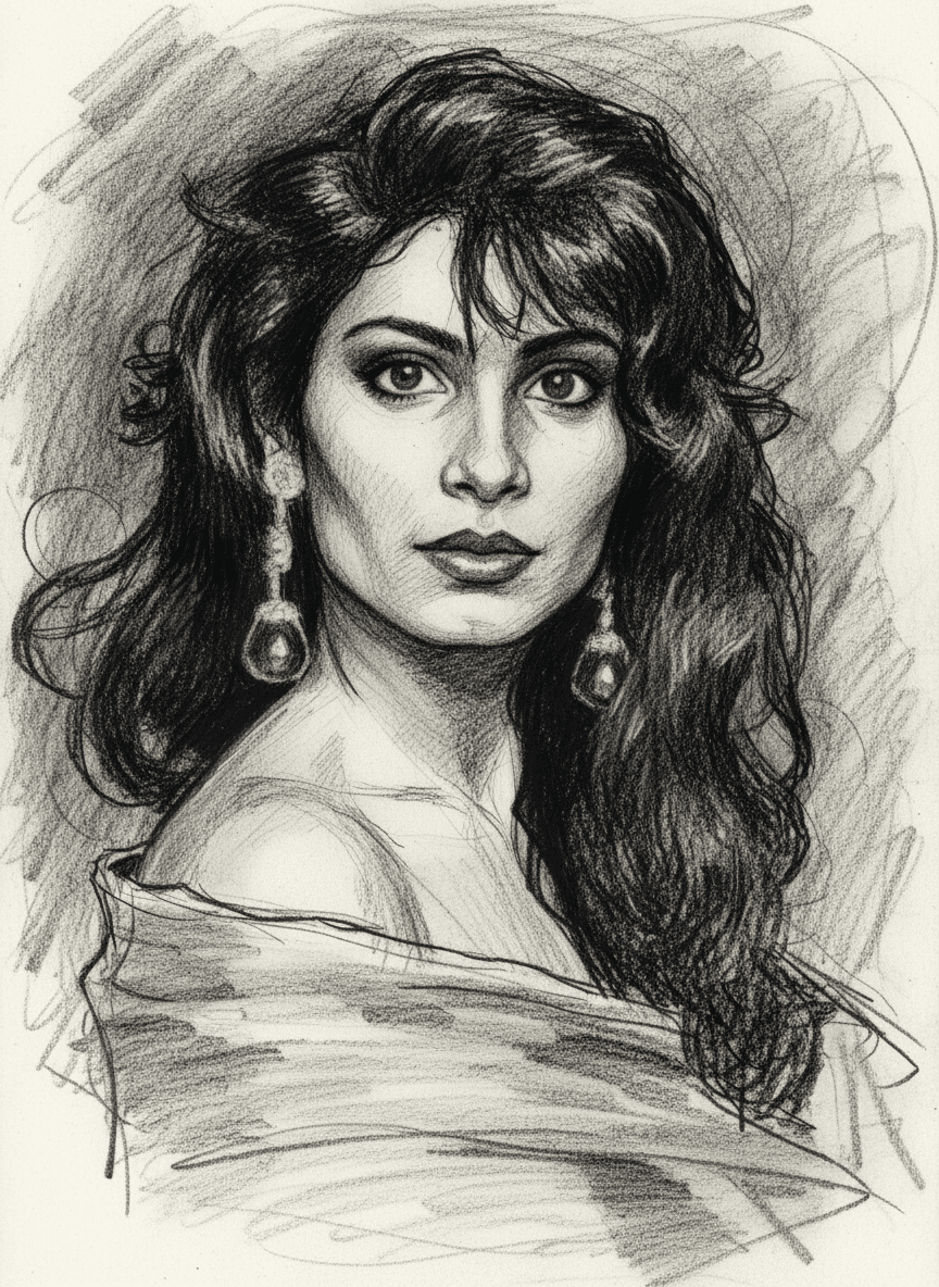 AI generated: An expressionist charcoal sketch, a stunning woman with piercing blue-green eyes, bold, intense, sou...