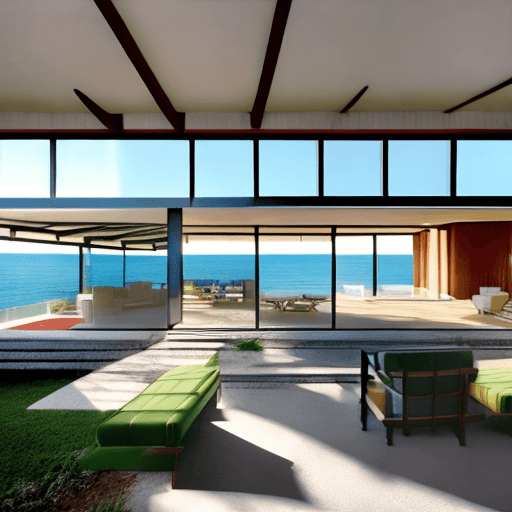 AI generated: Hyper realistic eye level exterior photo of a mid century modern style house overlooking the ocean, ...