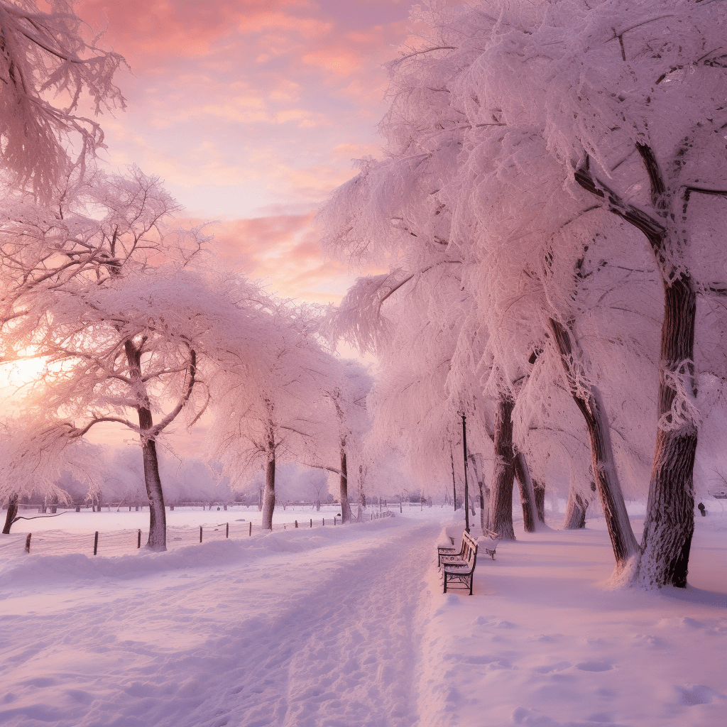 AI generated: Beautiful natural landscape of a city park in winter with fluffy deciduous trees covered with ice an...