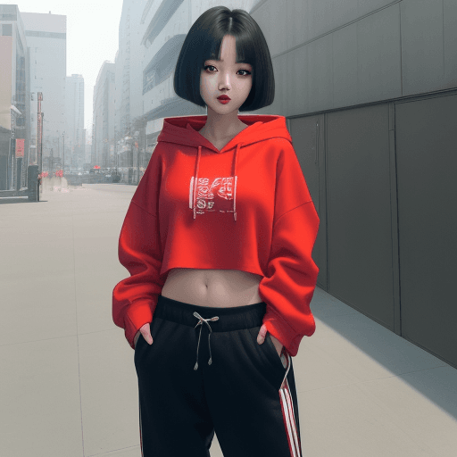 AI generated: 1 girl, beautiful Korean girl, (Cute Loose Bob hair), (wearing a cropped hoodie, capri sweatpants:1....