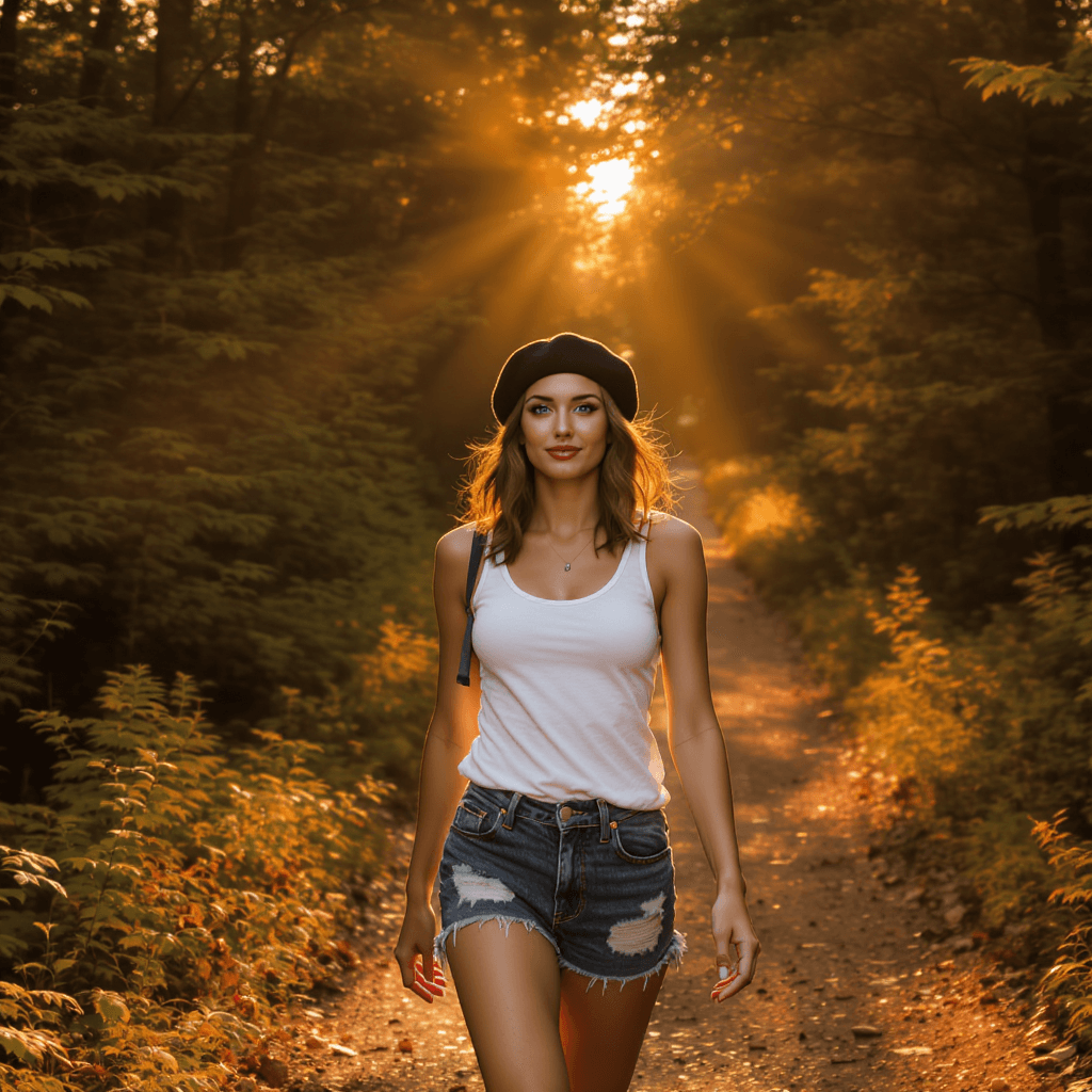 AI generated: A fit, beautiful woman with blue eyes and shoulder-length wavy brunette hair, wearing a black beret ...