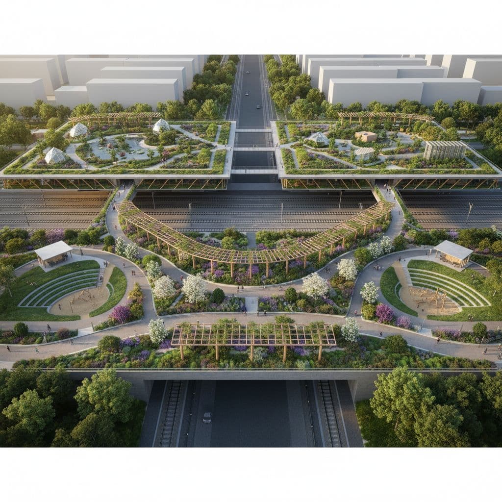 AI generated: crea un proyecto arquitectonico urbano tipo alfombra verde ( con objetivo crear espacios de calma se...