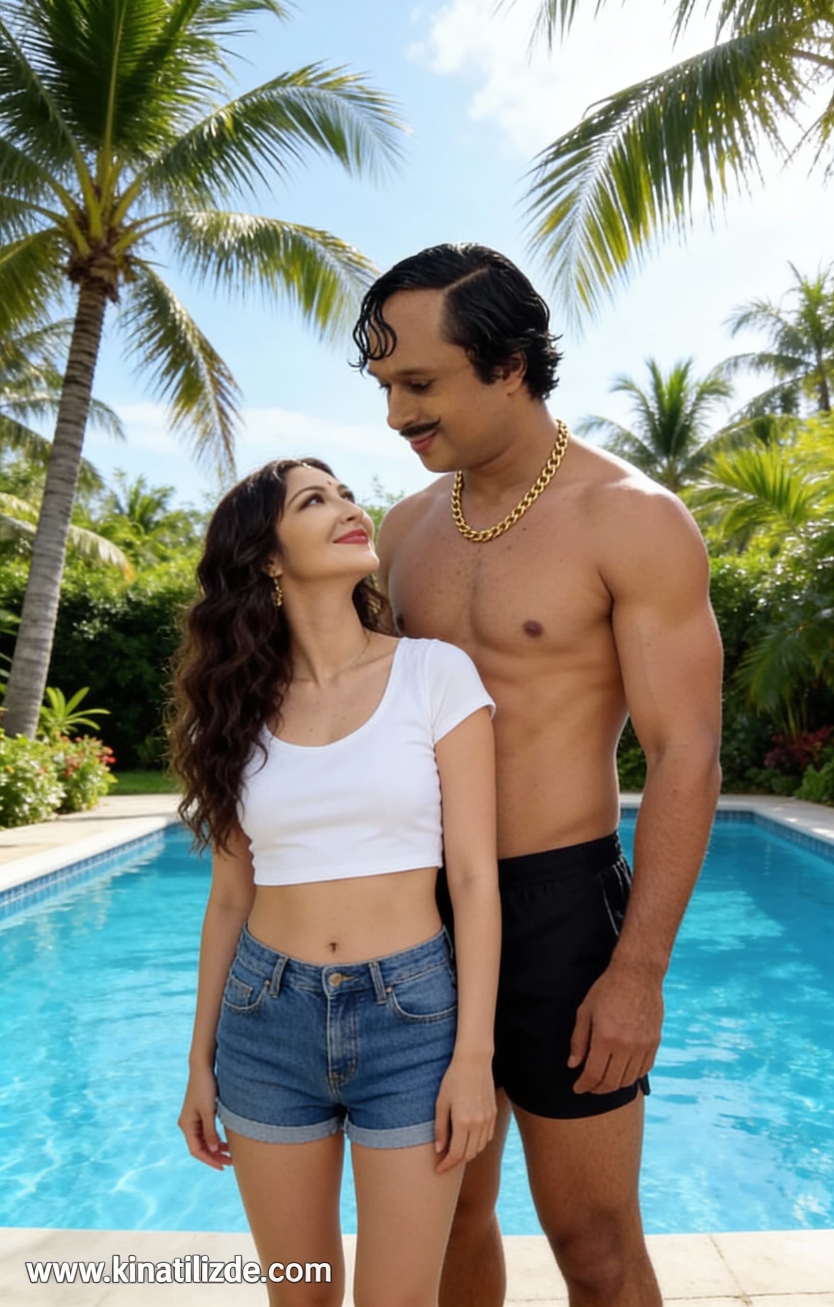 AI generated: The image shows two adults standing outdoors beside a swimming pool in a sunny, tropical setting wit...