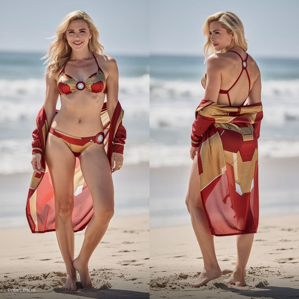 AI generated: scarlett johansson, ((wearing an iron man bikini)) front and back side with realistic imaging 