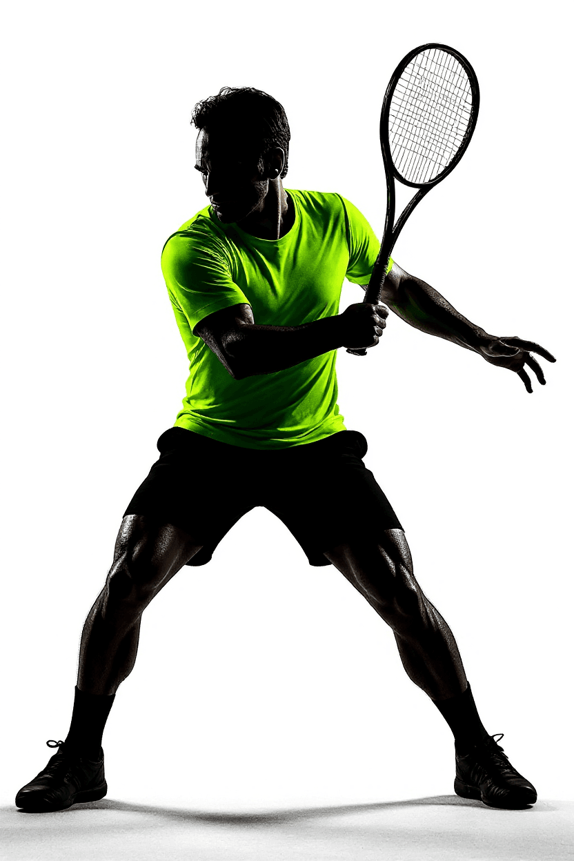 AI generated: A high-contrast, studio-style image of a male tennis player frozen in a classic Federer-style foreha...
