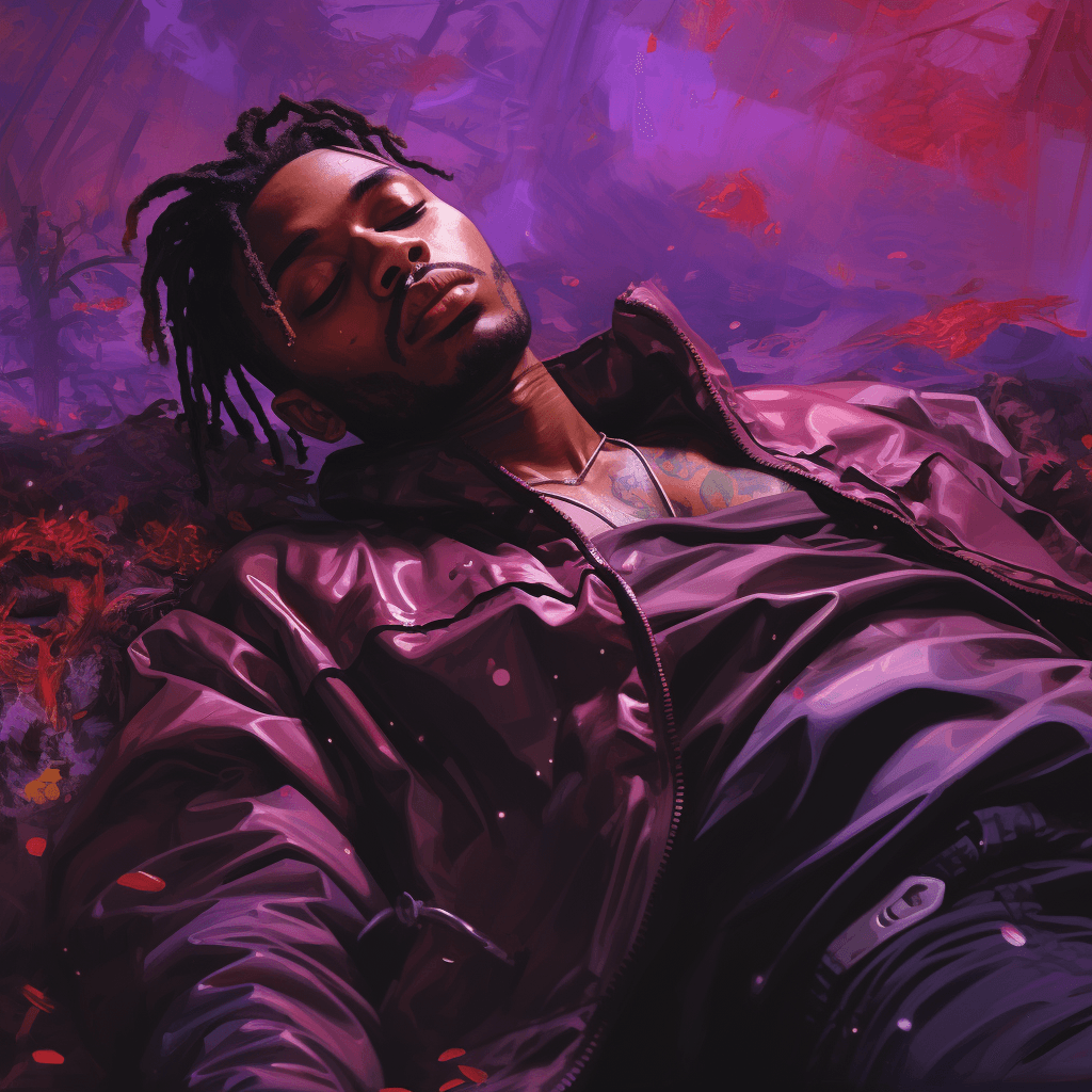 AI generated: a man is lying unconscious with a purple lmao background, in the style of candycore, album covers, h...