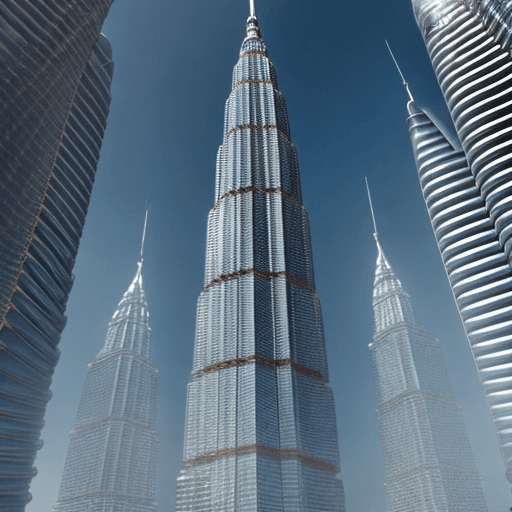 AI generated: A striking realistic perspective image of an ultra-modern single-column tower built 2000 floors high...