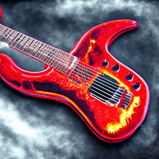 AI generated: a fiery red smoking electric guitar owned by a demon, HDR, 8x