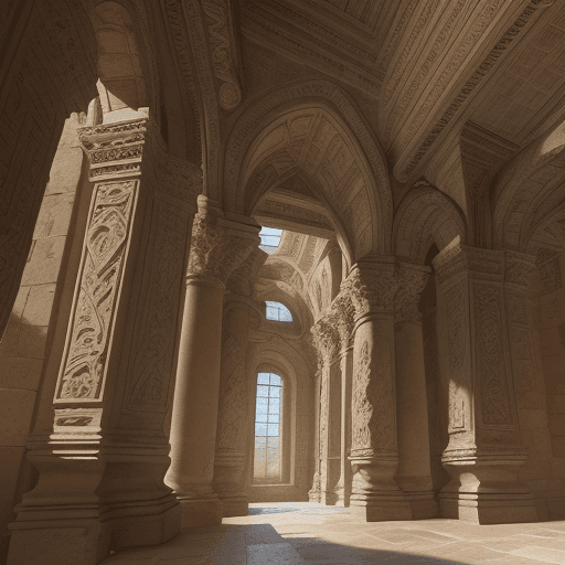 AI generated: Photo: An ancient architectural wonder inspired by Romanesque style, featuring weathered stone struc...