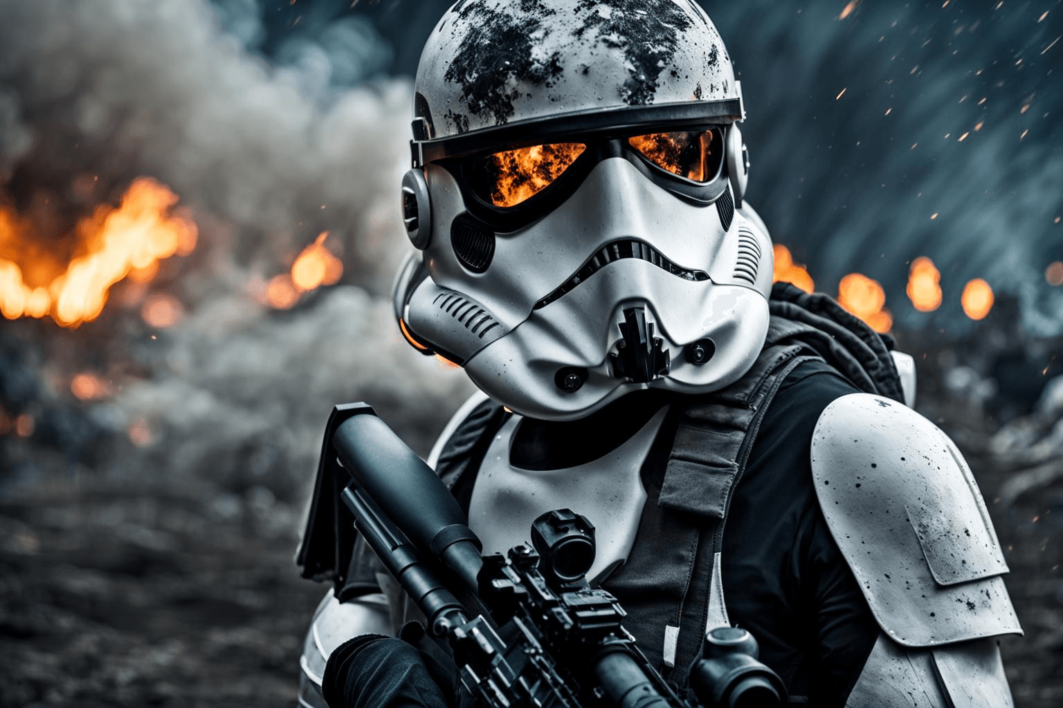 AI generated: Flat illustration, 3d, close up, an iconic Storm trooper from Star wars movie, (half-body shot:2), b...