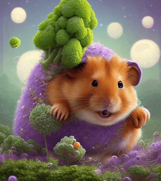AI generated: mdjrny-v4 style very beautiful portrait of a ginger hamster who is waving goodbye with some broccoli...