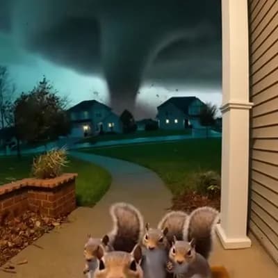AI generated video: Hyper-realistic security camera footage of a suburban house at night. A powerful storm is approachin...