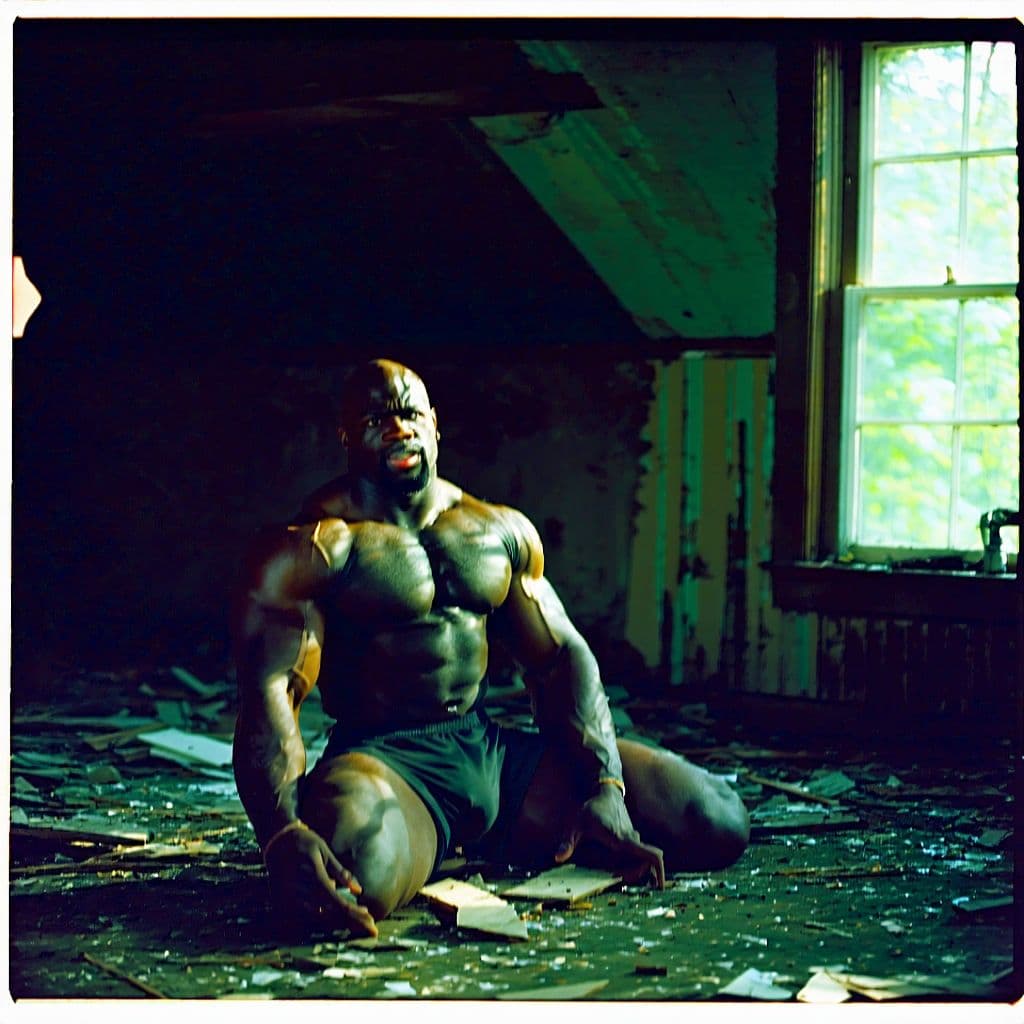 AI generated: grainy 80's photograph quality polaroid of ronnie coleman suicide caught in an abandoned house, dark