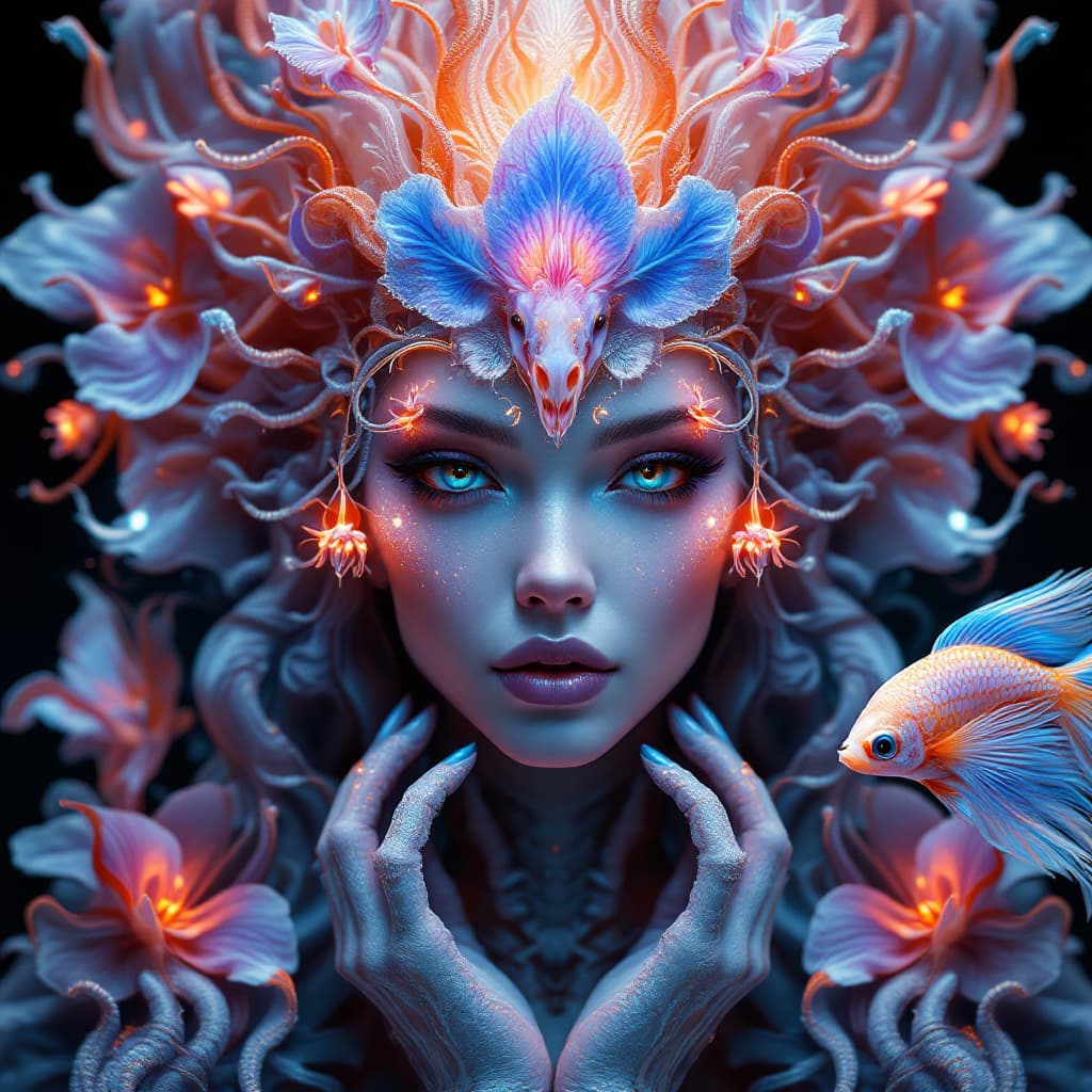 AI generated: Goddess close-up portrait ribcagel. jellyfish phoenix head, nautilus, orchid, skull, betta fish, bio...