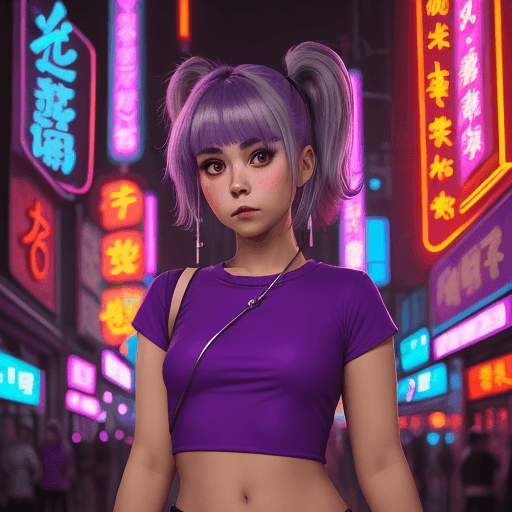 AI generated: a girl in a purple top in a neon city, in the style of chinapunk, iconic album covers, soft-focus po...